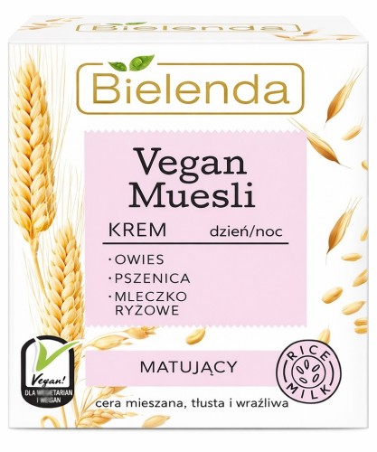 Bielenda Vegan Muesli – Krem matujący do twarzy owies + pszenica + mleczko ryżowe, 50 ml