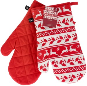 KOMPLET 2 RĘKAWIC KUCHENNYCH ŚWIĄTECZNYCH W ŚNIEŻYNKI I RENIFERY SCANDI XMAS 19x30 CM