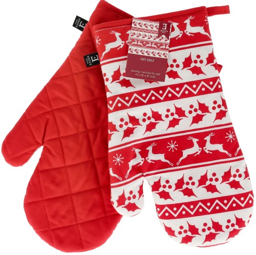 KOMPLET 2 RĘKAWIC KUCHENNYCH ŚWIĄTECZNYCH W ŚNIEŻYNKI I RENIFERY SCANDI XMAS 19x30 CM