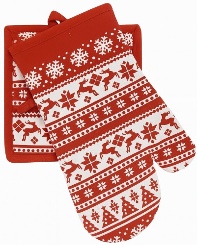 RĘKAWICA + ŁAPKA KUCHENNA CHRISTMASSY – ŚWIĄTECZNY ZESTAW - renifery, choinki, śnieżynki